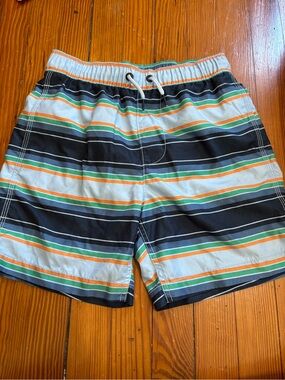 Boys Gap Kids Navy Stripe Swim Shorts with Green & Orange Accents